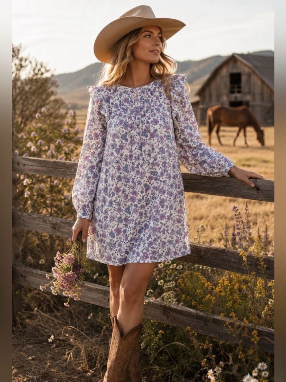 Modcloth Floral Prairie Doll Mini Dress Ruffle Shoulder Purple Blue L NWT